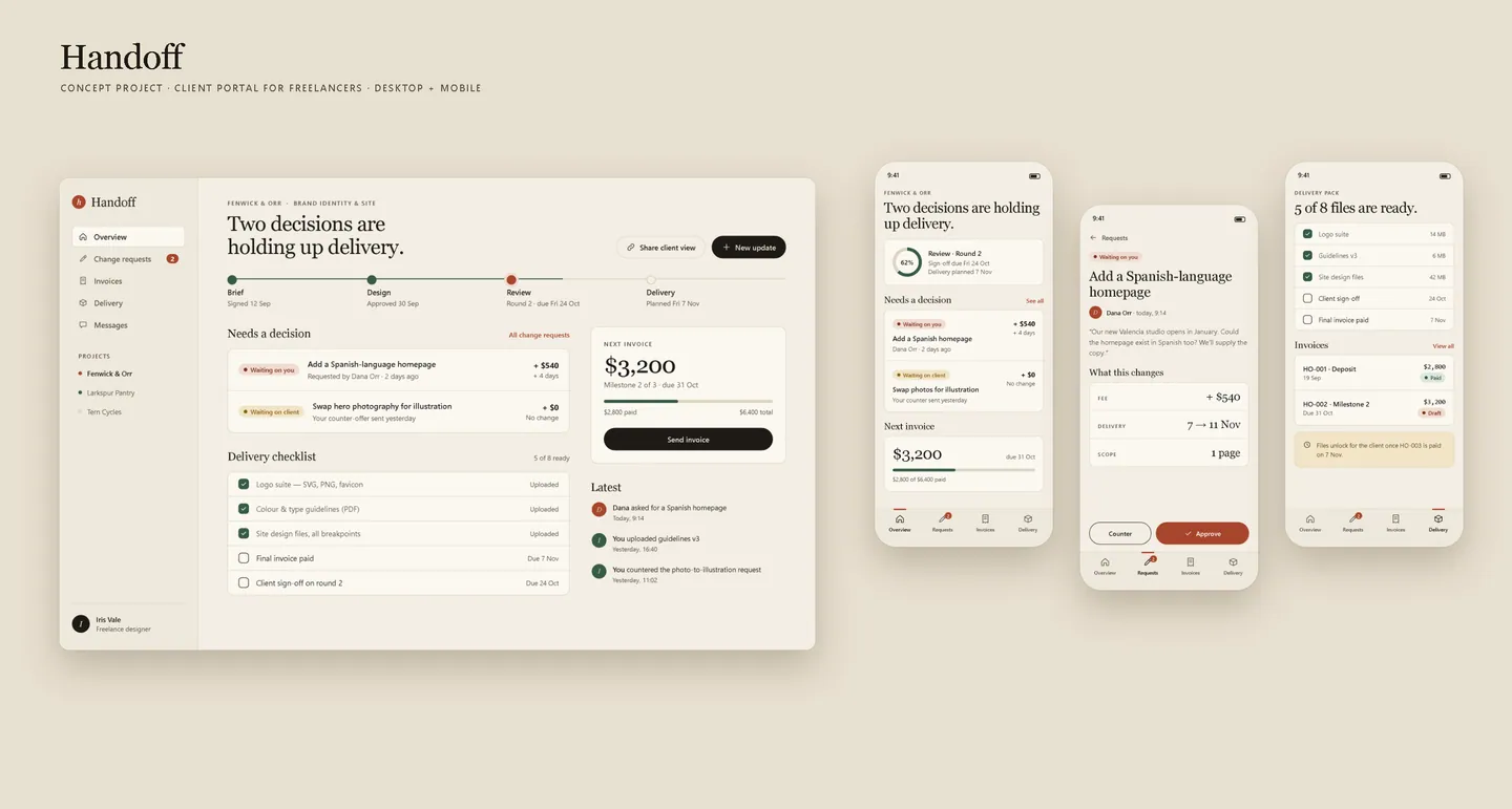 Handoff freelancer client portal hero composite on a warm editorial layout