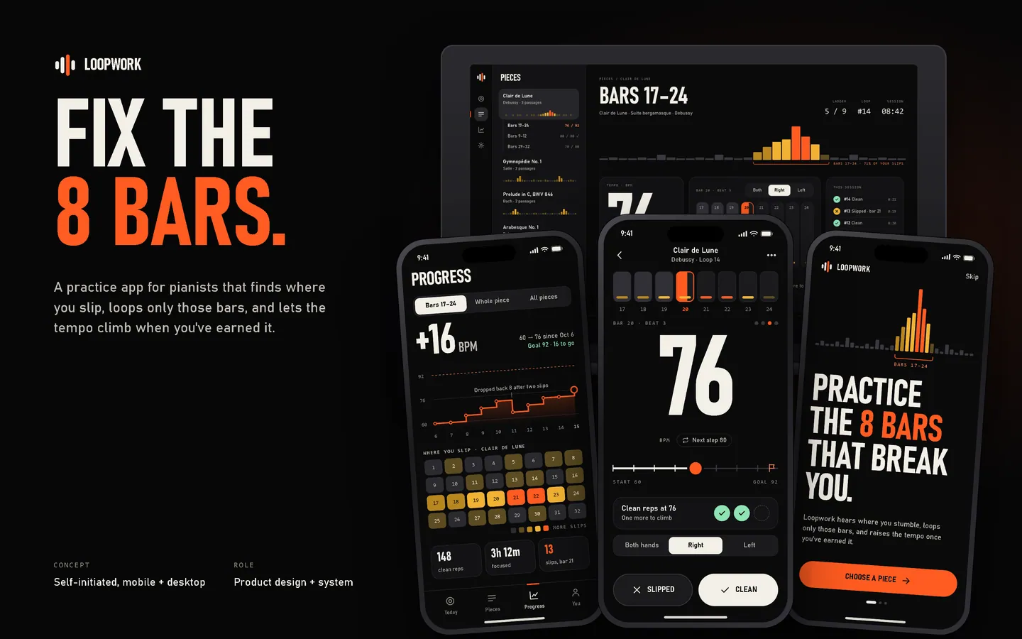 Loopwork practice app hero composite showing mobile and desktop screens in a dark interface with a large orange tempo numeral