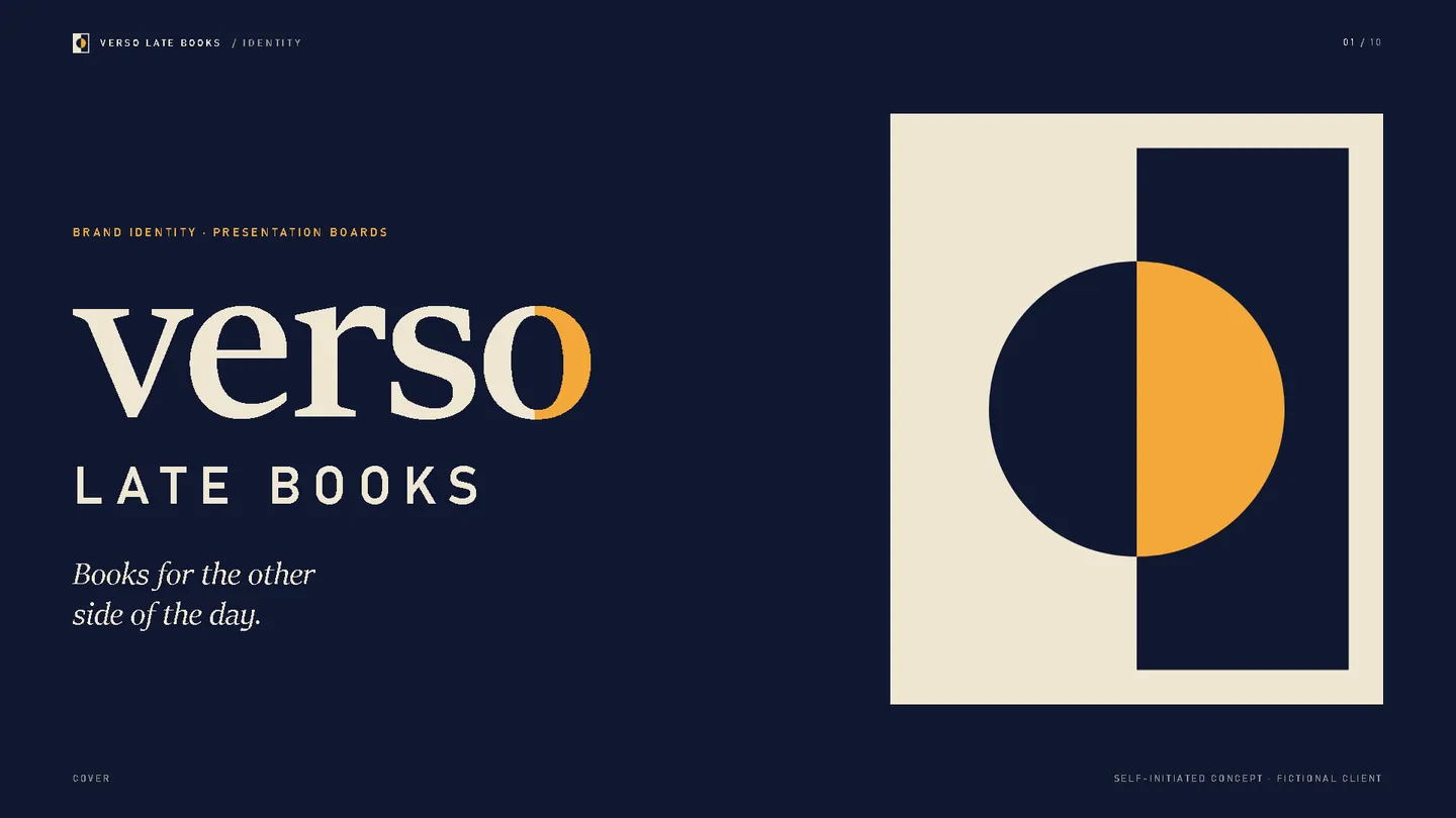 Cover board of the Verso Late Books identity: a split night and day page with a single disc crossing the gutter